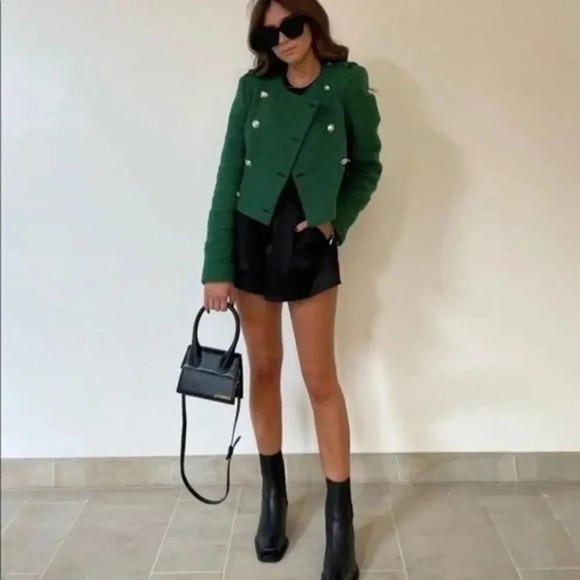 Zara Lawn Green Textured Weave Cropped Blazer Jacket S - Picture 2 of 7